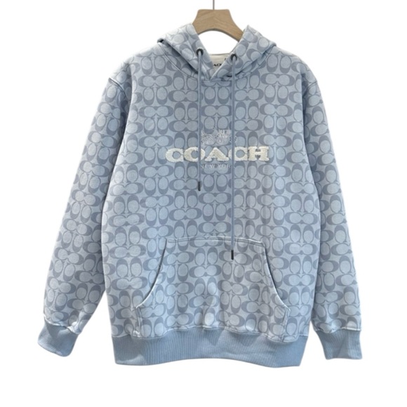 Coach Womens Signature Hoodie Size Large Blue Organic Cotton All Over Comfy Cozy - Picture 1 of 8